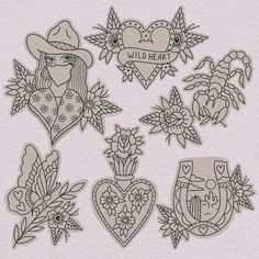 the embroidery designs are designed to look like flowers, hearts and other things that have been embroidered on them