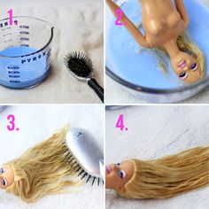 instructions for how to use a hair brush and doll head as well as brushing it's hair