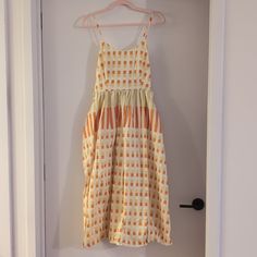 Brand New Dress With Pockets And Tie Open Back Spring Orange Tie-back Maxi Dress, Orange Tie-back Sundress, Multicolor Tie-back Mini Dress For Spring, Cotton Tie-back Mini Dress, Orange Patchwork V-neck Dress, Me Now, Orange Yellow, New Dress, Colorful Dresses