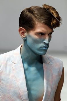 by Walter Van Beirendonck Guy Liner, Runway Hair, Walter Van Beirendonck, Avant Garde Makeup, Editorial Hair, Runway Makeup, Mens Editorial, Male Makeup, Blue Makeup