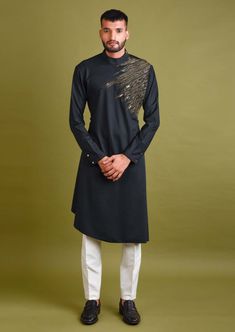 Chatenya Mittal-Black Embroidered Kurta With Pant-INDIASPOPUP.COM Father Son Matching Outfits, Ivory Pants, Cutdana Work, Black Kurta, Gents Kurta, Kurta Set For Men, Mens Kurta Designs, Wool Embroidery, Indian Wedding Wear