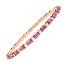 7.55 ct tennis Bracelet with diamonds and 52 oval-cut pink sapphires Blue Sapphire Diamond, Spring Design, Sapphire Diamond, Tennis Bracelet, High Quality Jewelry, Pink Sapphire, 18k Rose Gold, Oval Cut, Quality Jewelry