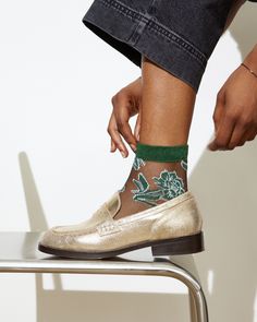 Sheer ankle socks with knitted green and white flowers and sparkly trim. Sparkly Socks, Green And White Flowers, Floral Dress Wedding Guest, Oliver Bonas, Sandals For Sale, Hats For Sale, Boots For Sale, Ankle Socks