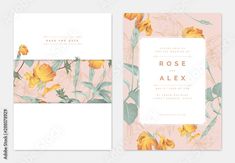 wedding card with yellow flowers and leaves on pink background, template for the bride's name