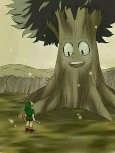 a cartoon character standing in front of a tree