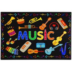 the word music surrounded by various musical instruments on a black background with multicolored confetti