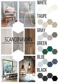 the color scheme for an interior design project is shown in shades of gray, green and white