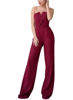 Inseam length is 37,4 inches or  95cm *  formal jumpsuit for women *  sleeveless *  corseted top *  breast support *  deep V-neck *  with pockets *  wide leg pants *  perfect for various celebration, birthday or wedding reception. Suitable for winter, fall, spring date, wedding guest, vacation, holiday, night out, party *  models are wearing a size S MATERIAL Suiting fabric: viscose and polyester blend  SIZES The models in photos are wearing a size S Available in 4 sizes: XS = 0 US numeric BUST Elegant Strapless V-neck Jumpsuit For Party, Elegant Strapless Jumpsuit For Party Season, Elegant Floor-length Strapless Jumpsuit For Formal Occasions, Elegant Formal Floor-length Strapless Jumpsuit, Elegant Sleeveless Jumpsuits And Rompers For Party, Formal Strapless Sleeveless Jumpsuit For Party Season, Formal Fitted Strapless Jumpsuit For Party Season, Party Full-length Solid Jumpsuit/romper, Fitted Sleeveless Jumpsuit For Party Season