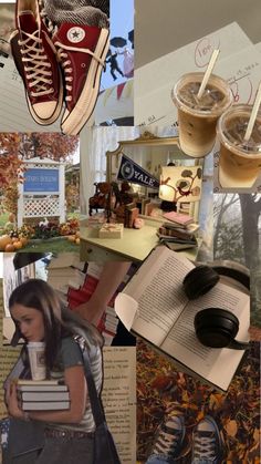 a collage of photos with coffee, books and sneakers on display in the background