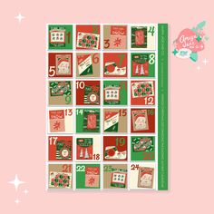 a christmas themed calendar on a pink background