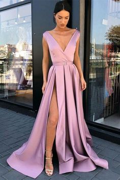 Bellasprom High Split Long Evening Dress Sleeveless V-Neck Same as Picture-US2 Long Ball Dresses, Prom Dresses Pink, Prom Dresses With Pockets, Prom Dresses Sleeveless, A Line Prom Dresses, Dresses Pink, Satin Prom Dress, Pink Prom Dresses, Linnet