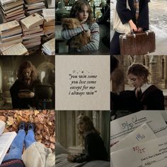 a collage of photos with people and books on them, including one woman holding a cat