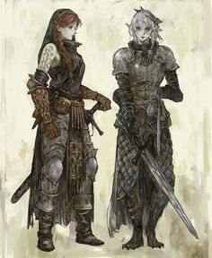 two people standing next to each other in armor