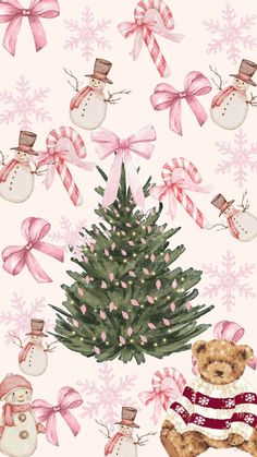 a christmas tree surrounded by candy canes, snowmen and teddy bears with pink bows