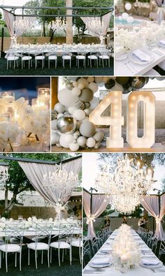 a collage of photos showing tables and chairs at a wedding with balloons in the shape of numbers