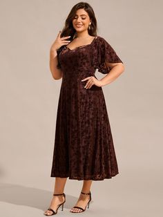 This Plus Size Printed Velvet A-Line Short Sleeve Tea Length Wedding Guest Dress combines elegance and comfort. Featuring a chic printed velvet design, the dress drapes beautifully with its A-line silhouette and tea-length cut. The short sleeves add a refined touch, making it ideal for weddings, formal events, and evening parties. Feel confident and stylish in this stunning piece, designed to flatter your curves. Fit: Please refer to size chart. Length: Midi length. Sleeve Style: Long sleeves. C Velvet Design, Tea Length Wedding, Printed Velvet, Dress Drape, Velvet Shorts, Ever Pretty, A Line Shorts, Guest Dress, Jacquard Dress