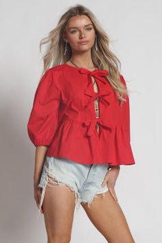 Red Bow Detailed Poplin Blouse Spring Short Sleeve Poplin Blouse, Short Sleeve Poplin Blouse For Spring, Chic Spring Poplin Shirt, Chic Daywear Poplin Top, Summer Poplin Short Sleeve Tops, Chic Poplin Top For Daywear, Chic Poplin Tops For Workwear, Elegant Summer Poplin Tops, Red Cotton Blouse For Brunch