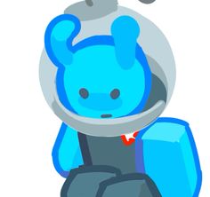 a blue cartoon character sitting down with his hands in his pockets