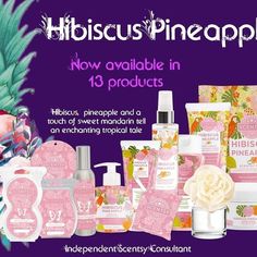 various products are displayed in front of a purple background with the words, hibiscus pineapple now available in 13 products