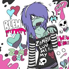 a drawing of a girl with purple hair holding a sign that says zombie love is for my brother