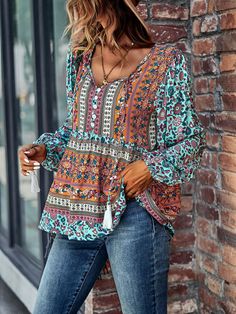 Womens Blouse Bohemian Floral Print V-Neck Long Sleeve Loose Top Boho Shirts Womens Basic Tops, Women Floral Blouse, Cotton Linen Pants, Boho Shirt, Loose Top, Bohemian Floral, Boho Shirts, Spring Outfits Women, Women's Shirt