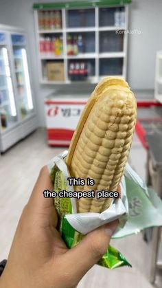 a person holding up a bag with a peeled corn in it and the caption reads this is the cheapest place