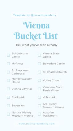 a blue and white checklist with the words vienna bucket list