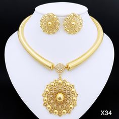 Women Necklace Earrings Set Large Size Pendant Gold Plated Dubai Fashion Jewelry Nigeria Bride Party Models, Wedding Party Gifts, Jewelry Set Design, African Necklace, Set Designs, Bride Jewelry, Women Necklace, Dubai Fashion, Latest Jewellery