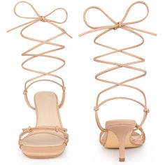 Looking for a stylish and trendy pair of sandals to add to your collection? Look no further than these strappy sandals with a knotted-toe design. The modern look is complemented by a square toe and kitten heel, making them perfect for any occasion. These low-heeled sandals are perfect for adding a cool summer vacation feel to your outfits. These sandals come with knot decor, a square toe, a lace-up closure, and a kitten heel. The vamp is made of faux leather, the outsole of rubber, and the heel Strappy Lace-up Sandals With Wrapped Heel, Trendy Strappy Synthetic Lace-up Sandals, Trendy Strappy Lace-up Sandals In Synthetic, Adjustable Open Toe Synthetic Lace-up Sandals, Adjustable Open Toe Lace-up Sandals In Synthetic, Adjustable Lace-up Sandals With Single Toe Strap For Spring, Adjustable Cross-tied Strappy Sandals, Adjustable Strappy Heels, Adjustable High Heel Sandals With Wrapped Heel