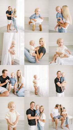 a collage of photos with people holding their babies and posing for pictures in the same room