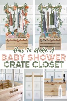 how to make a baby shower crate closet with clothes hanging on the rack and other items in it