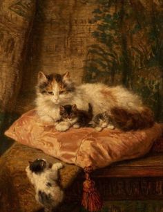 a painting of two cats laying on top of a pillow