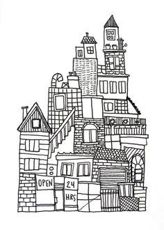 a black and white drawing of a castle with lots of windows on top of it