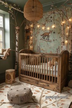 a baby's room decorated in woodland theme