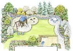 a drawing of a small garden with a playground and water feature in the center, surrounded by trees