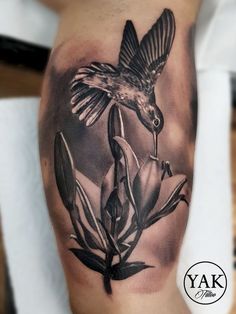 a black and white tattoo of a humming bird flying over flowers on the right arm