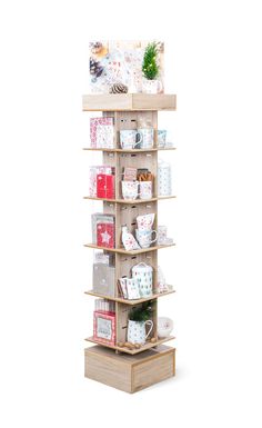 a wooden shelf filled with lots of presents