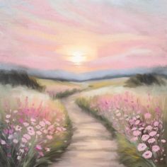 an oil painting of a path leading to the sunset over a field with wildflowers