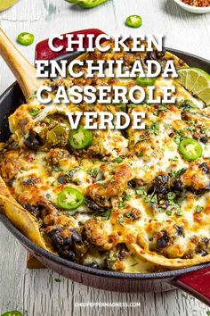 chicken enchilada casserole in a cast iron skillet