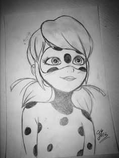 a pencil drawing of a girl with big eyes and polka dots on her face, in black and white