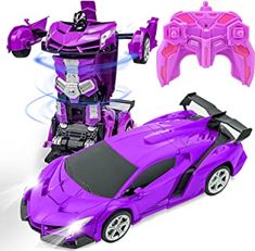 a purple toy car next to a remote control vehicle