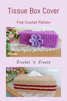 two pictures showing different types of crocheted tissue box covers with flowers on them