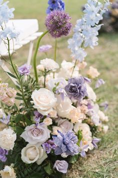 a bunch of flowers that are sitting in the grass