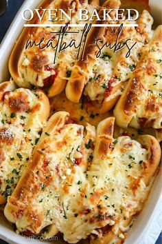 a casserole dish filled with cheesy bread and cheeses on top