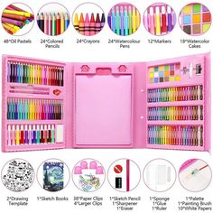 a pink case filled with lots of different colored crayons