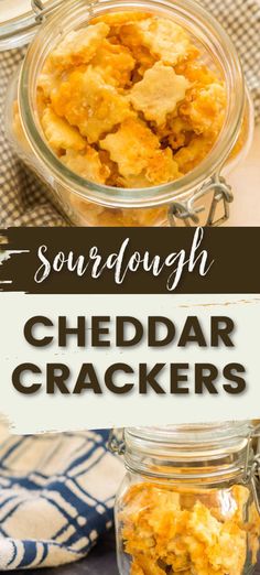 two jars filled with cheddar crackers and the words sourdough on top