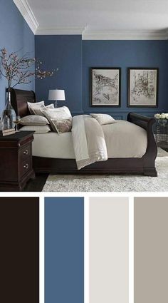 a bedroom with blue walls and brown furniture