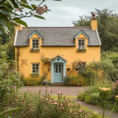 a yellow house with blue doors and windows surrounded by greenery, flowers and trees