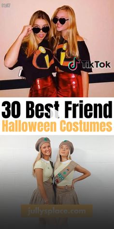 two women in costumes posing for the camera with their hands on their hipss and text that reads, 30 best friend halloween costumes