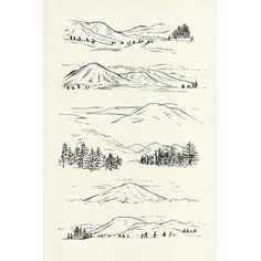 three mountains are shown with trees in the foreground and on the far side, there is